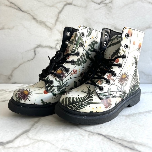 Vegan Leather doc style combat boots floral watercolour design - Picture 3 of 12